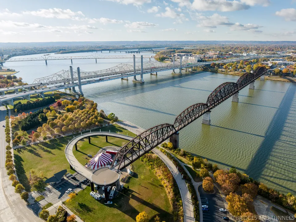 Aerial view of the Big Four Bridge and other bridges crossing the Ohio River
