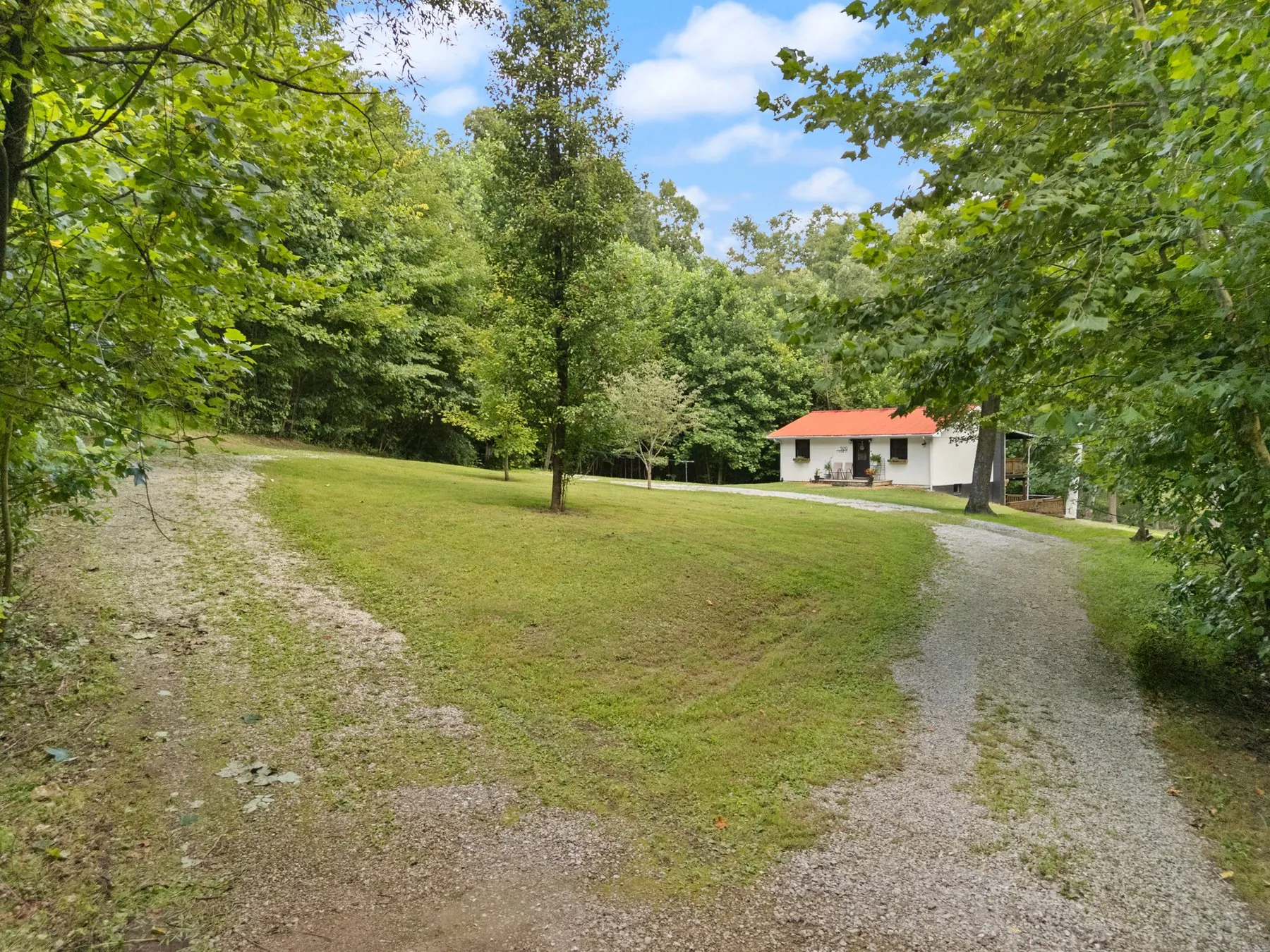The gravel drive coming up through the trees