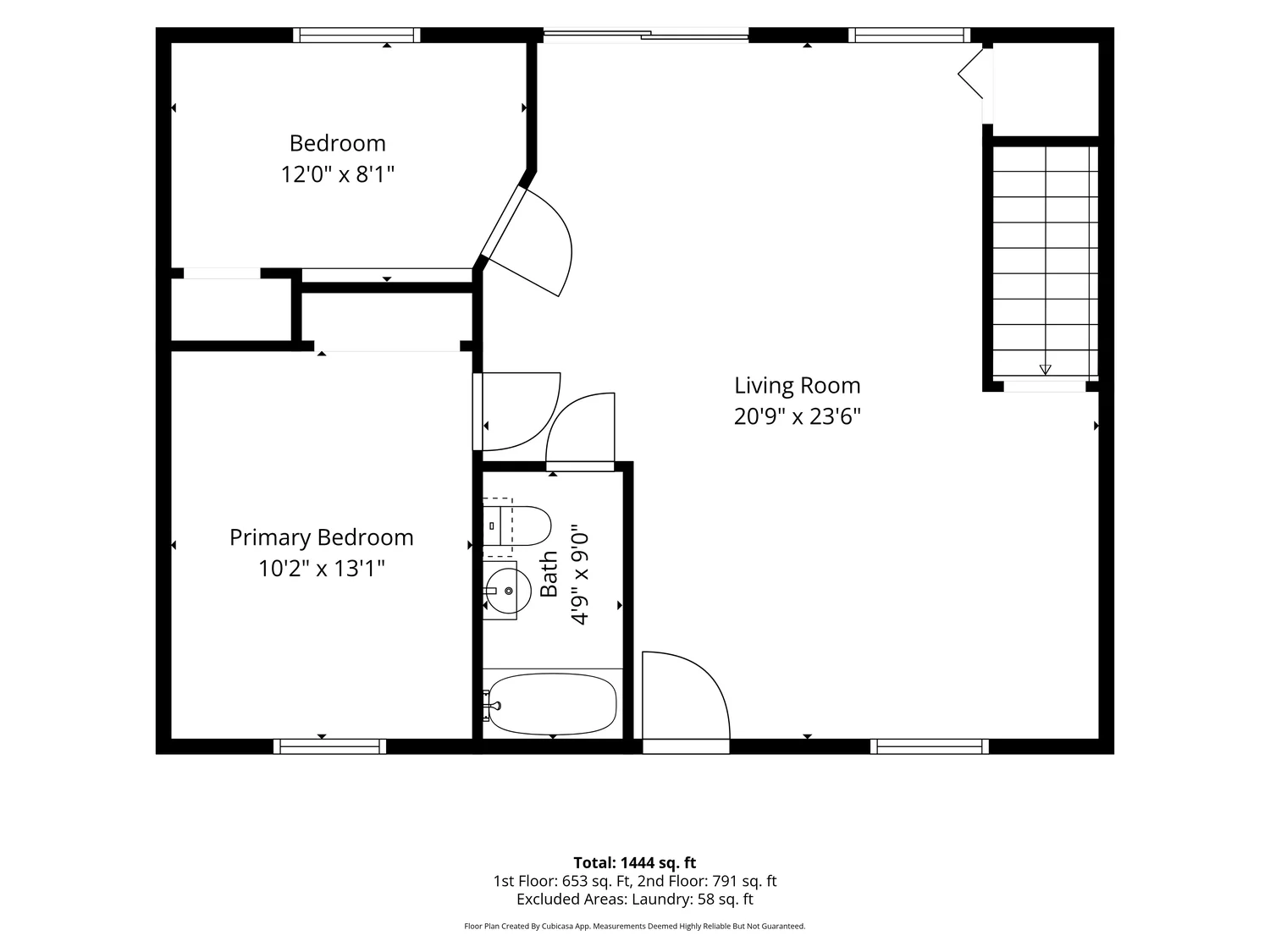 Entry level floorplan: living room 20 ft 9 in by 23 ft 6 in, primary bedroom, second bedroom and full bath