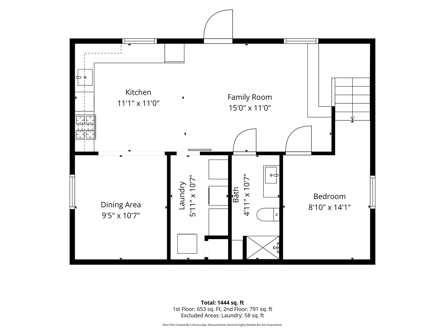 Lower walk-out level floorplan: kitchen and family room in one 26 ft run, dining area, bedroom, full bath and laundry