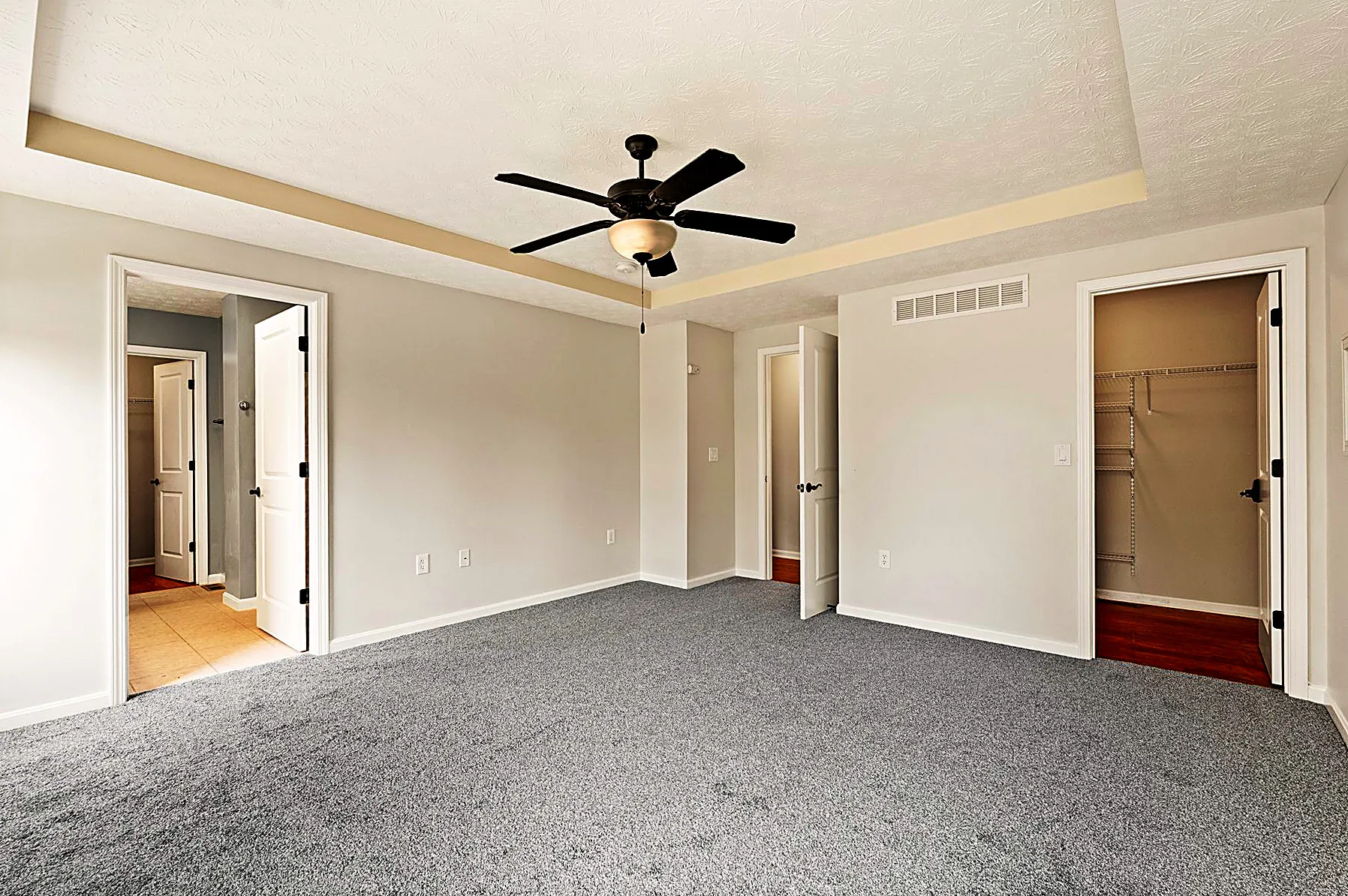 Primary bedroom showing the tray ceiling detail