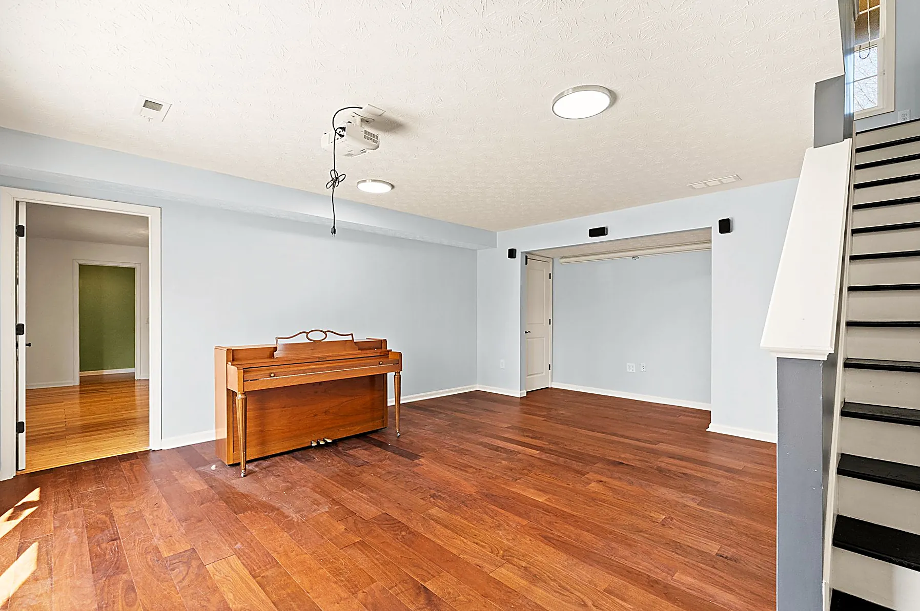 Finished walkout lower-level family room opening toward the backyard