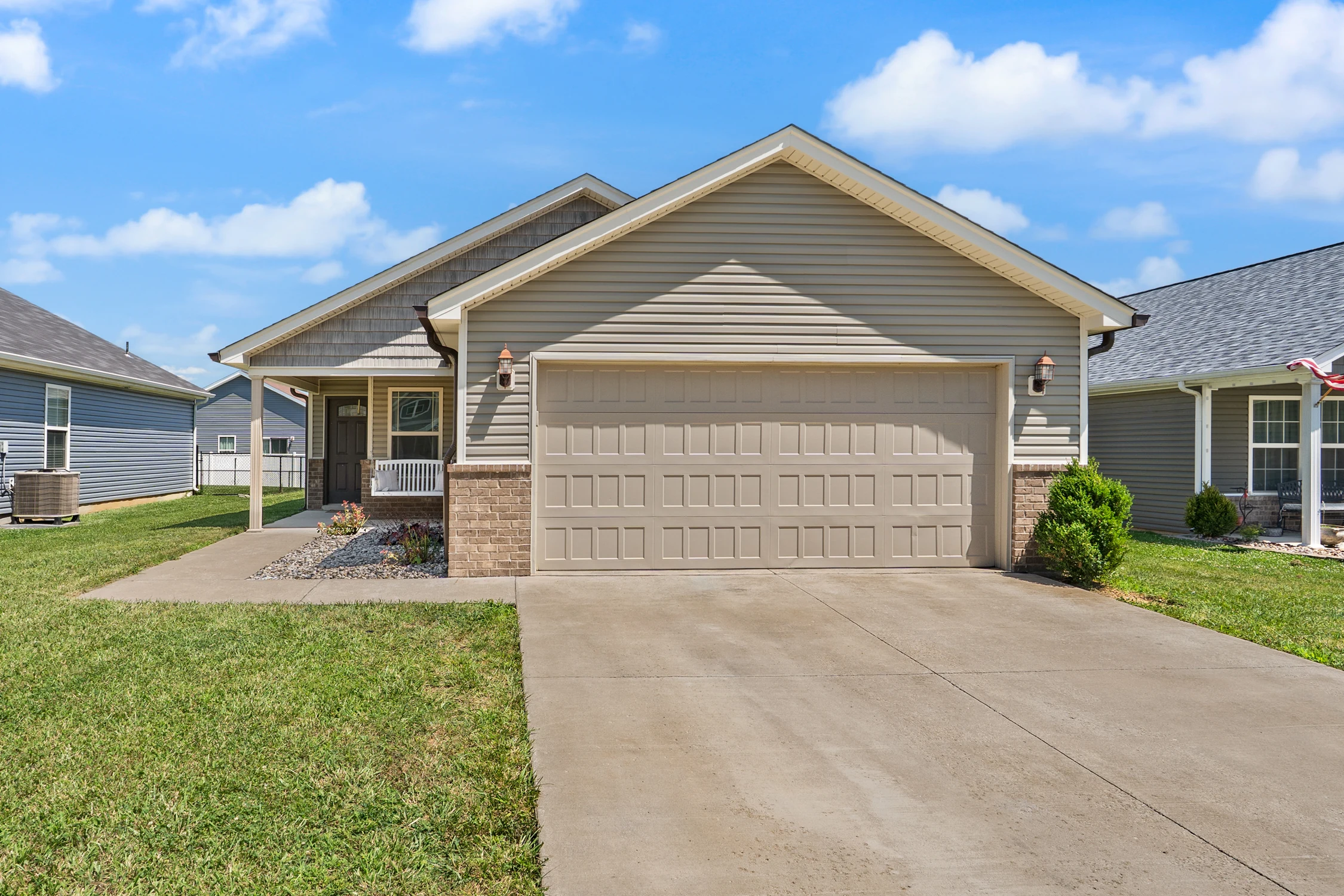 Front exterior of the single-story home at 8002 Kismet Drive in Charlestown, Indiana
