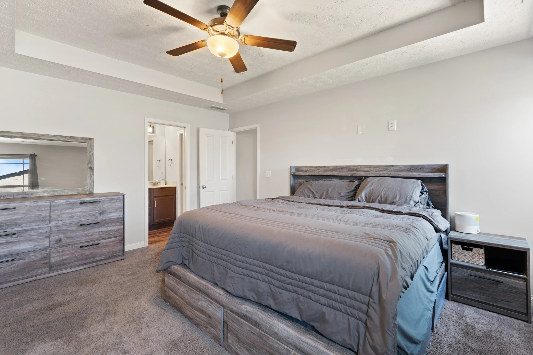 Primary bedroom with tray ceiling and private bathroom access