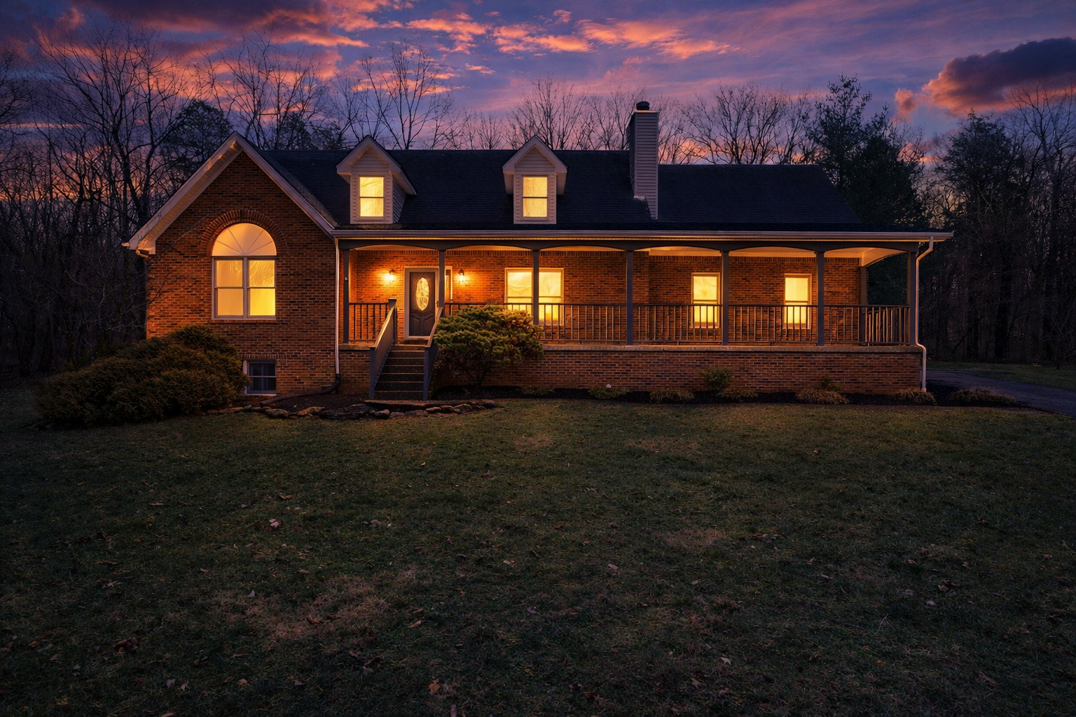 7474 Saddlebrook Court at twilight — brick Cape Cod with glowing windows and sunset sky